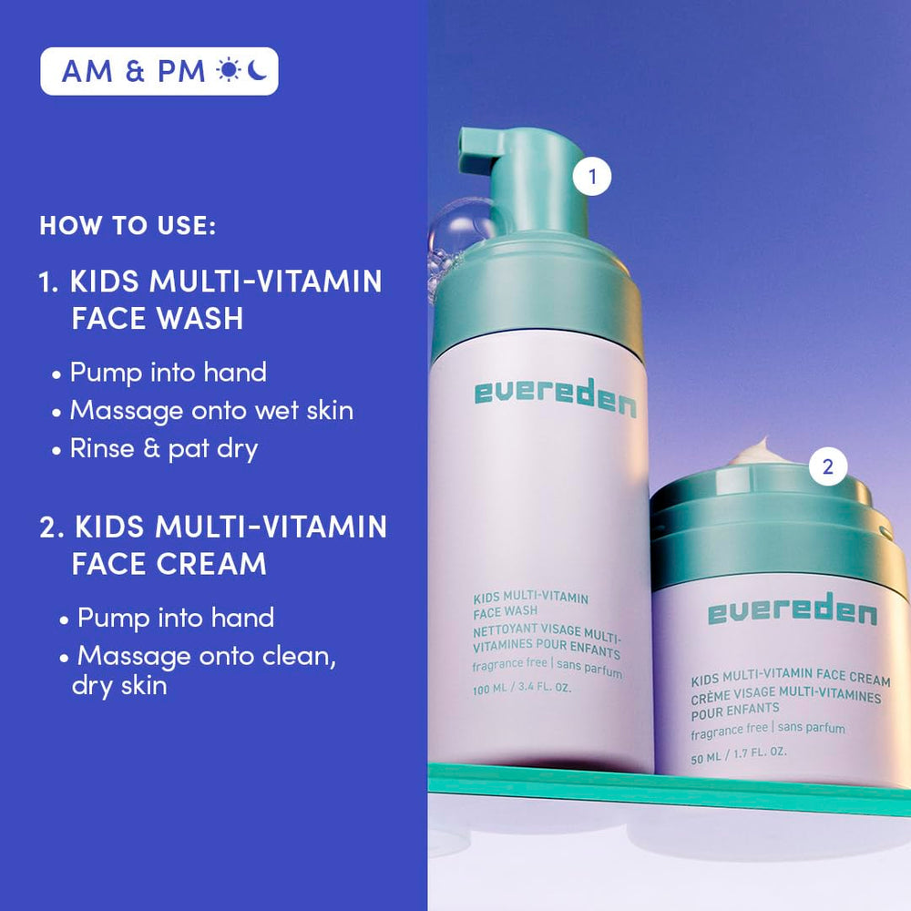 Evereden fragrance-free kids happy face duo ingredients label showing clean vegan formula.