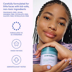Evereden fragrance-free kids happy face duo texture closeup highlighting creamy lather.