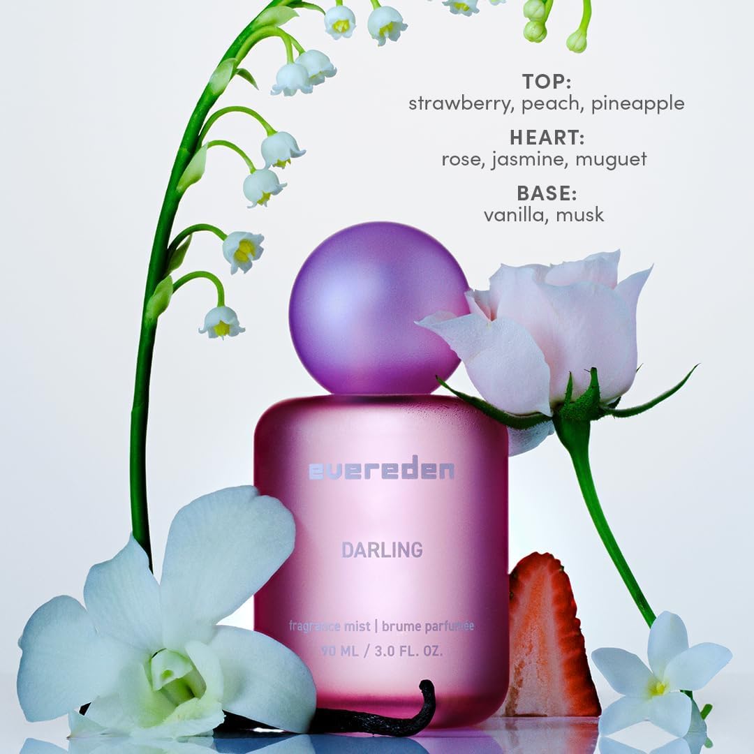 Evereden closeup label on fragrance mist emphasizing clean vegan formula