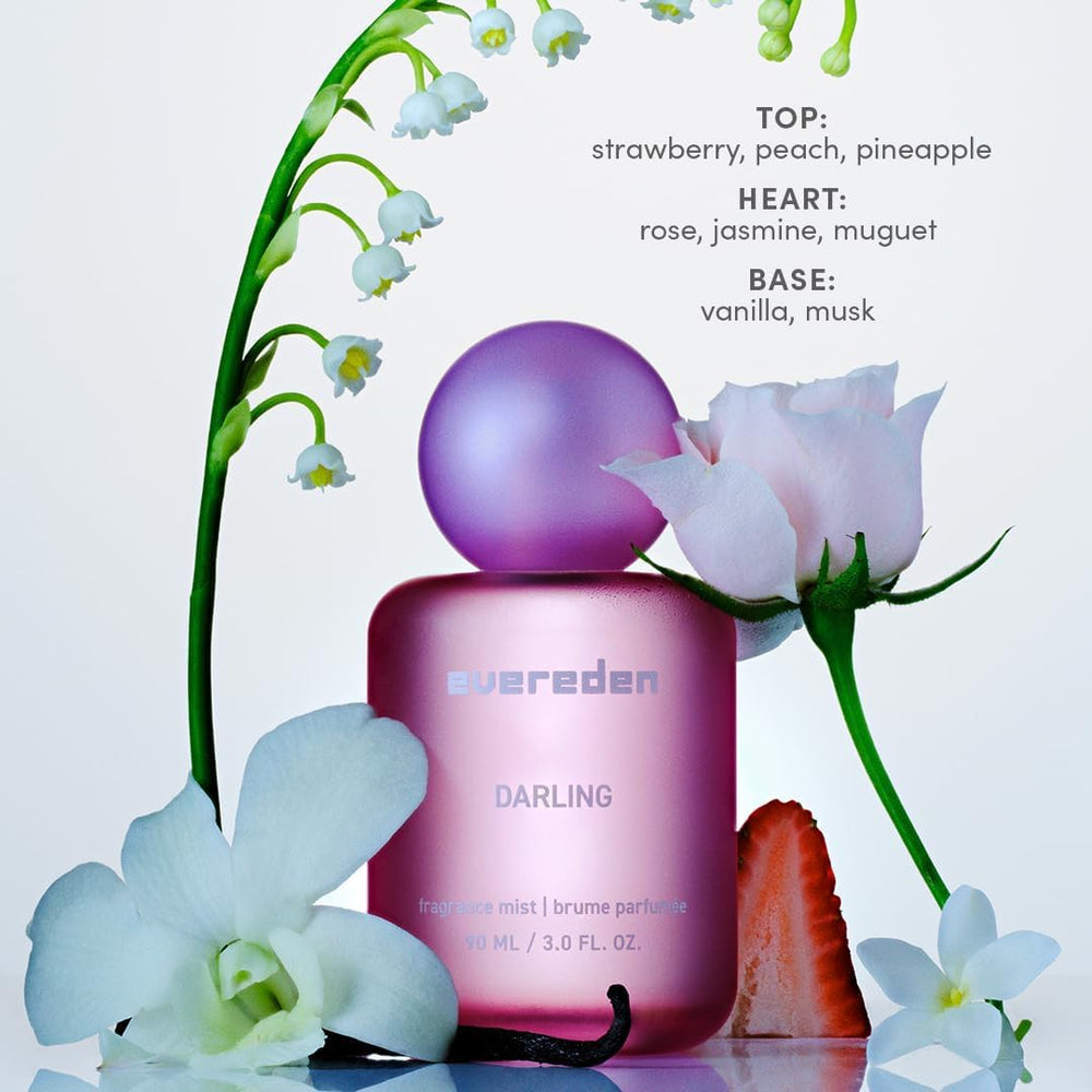 Evereden closeup label on fragrance mist emphasizing clean vegan formula