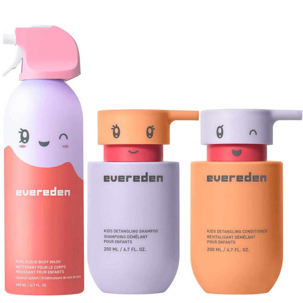 Evereden Kids Bathtime Trio packaging highlights vegan, gentle ingredients for kids.