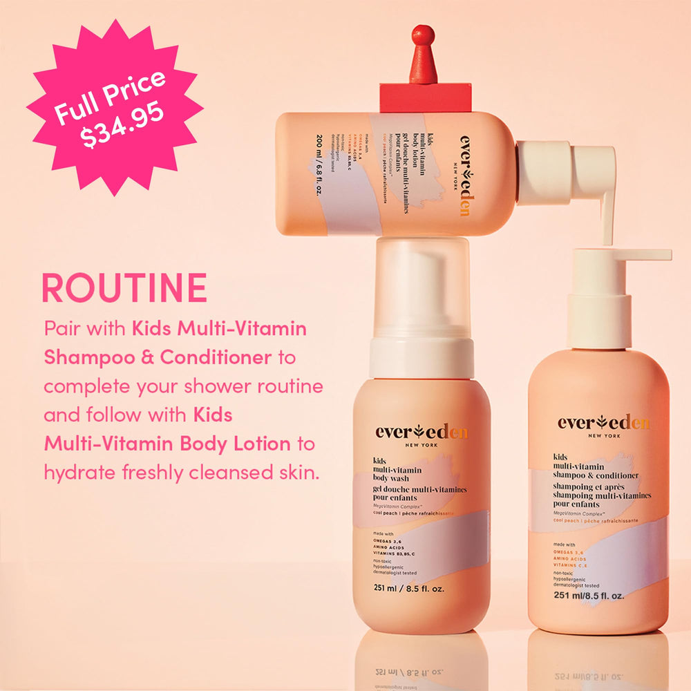 Evereden Kids body wash bottle closeup highlighting hydrating formula for sensitive skin.