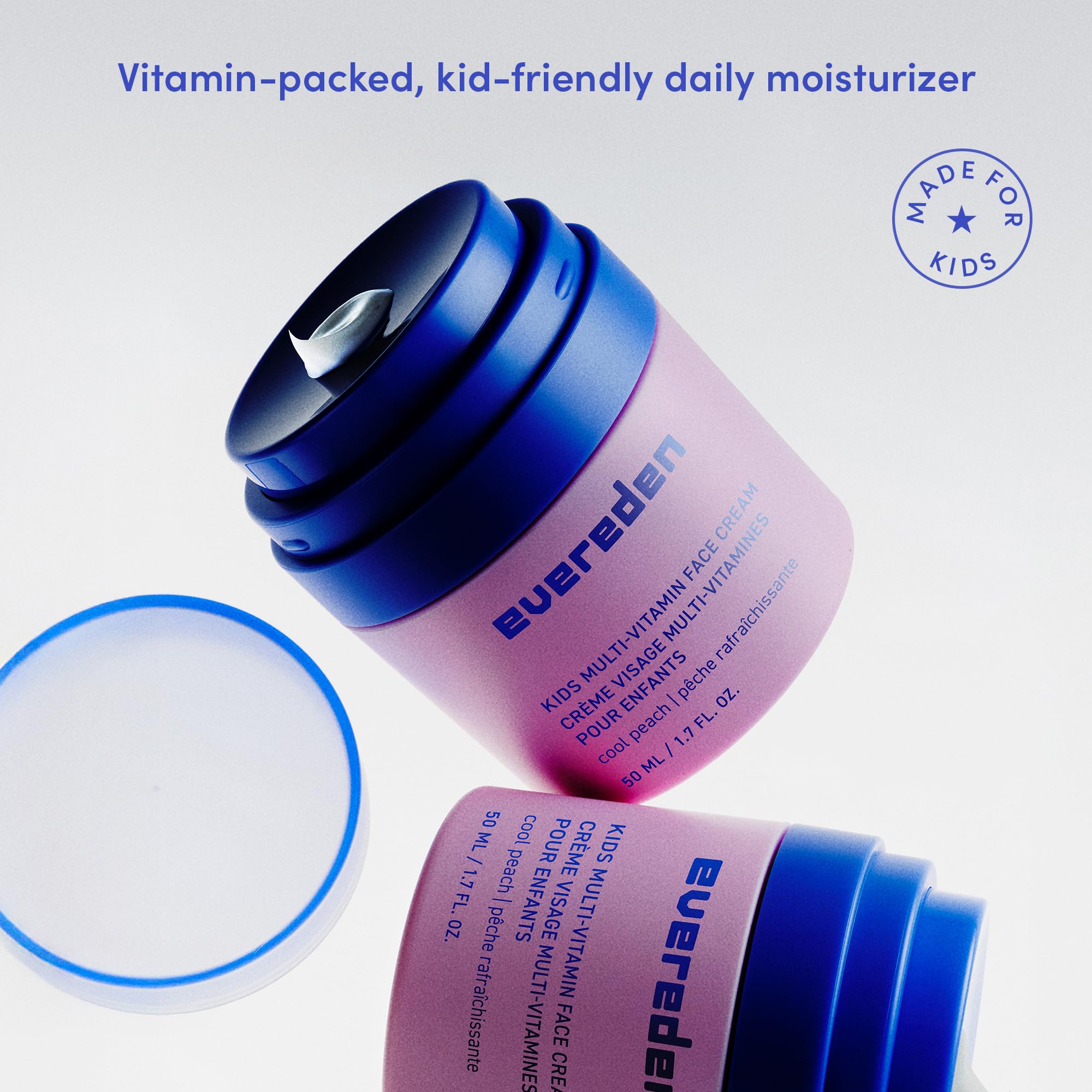 Evereden Kids Face Cream jar and lid highlight a clean, hypoallergenic formula.