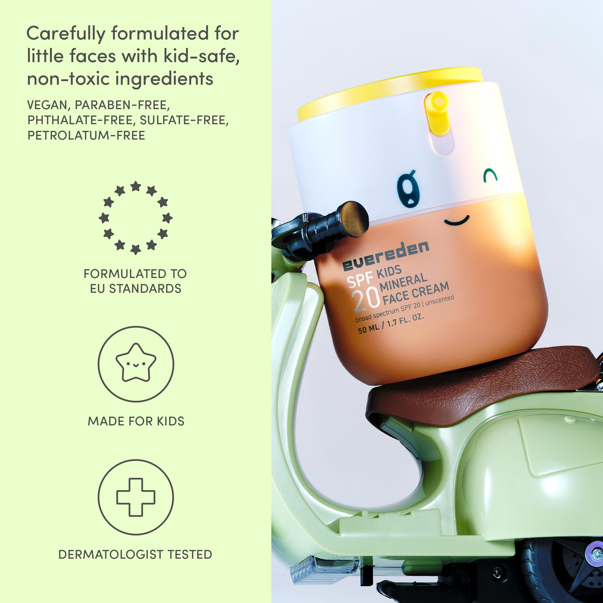 Evereden Kids Face Cream light texture swirl illustrates non-clogging, breathable care.