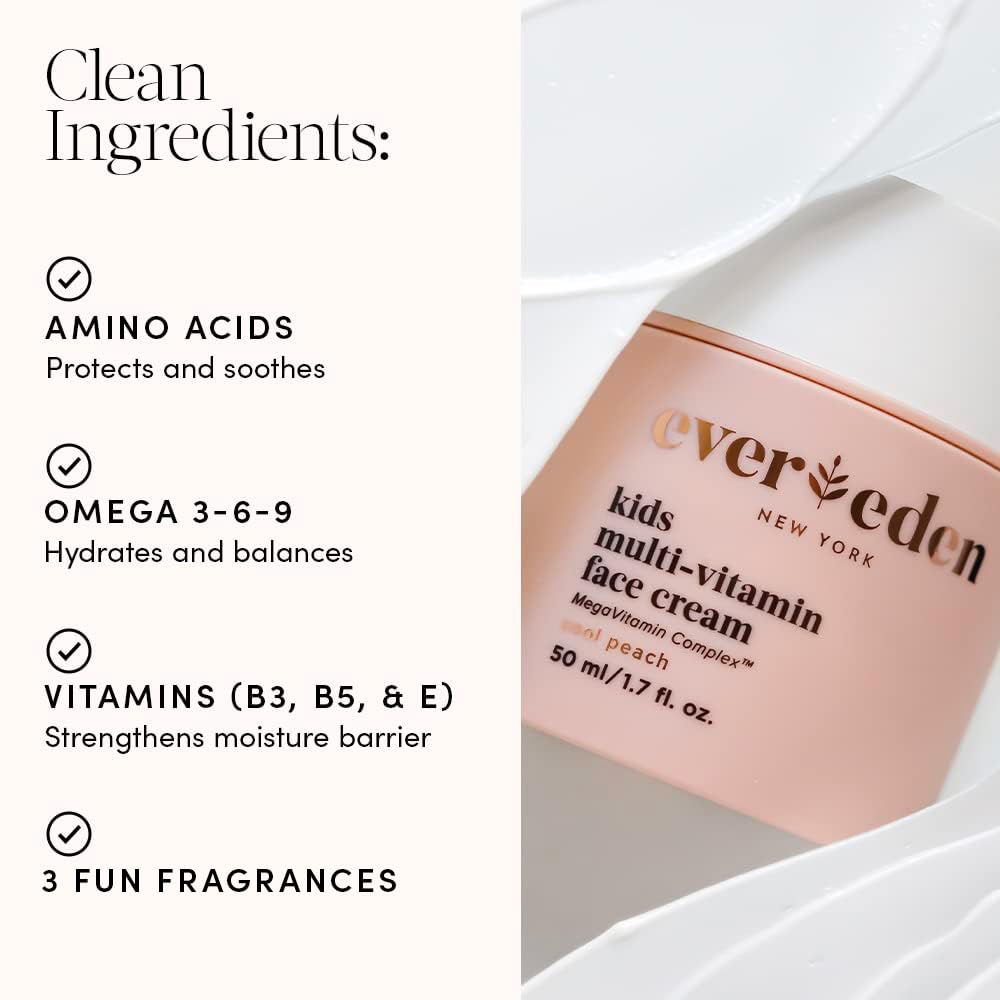Evereden Kids Face Cream Melon Juice application on cheek shows lightweight cream that moisturizes without clogging pores.