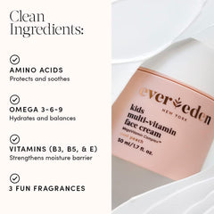 Evereden Kids Face Cream Melon Juice application on cheek shows lightweight cream that moisturizes without clogging pores.