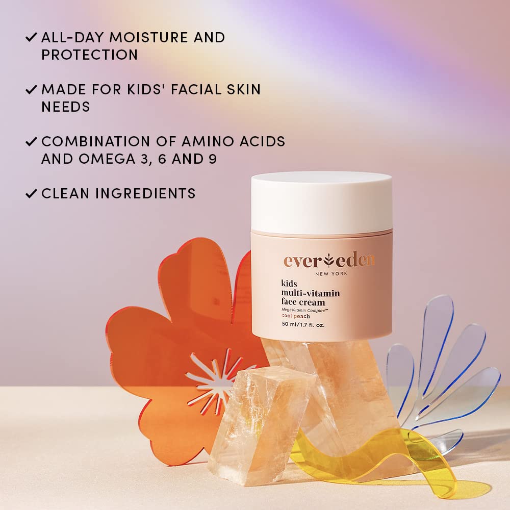 Evereden Kids Face Cream Melon Juice label closeup highlights non-toxic, dermatologist-tested care for sensitive skin.