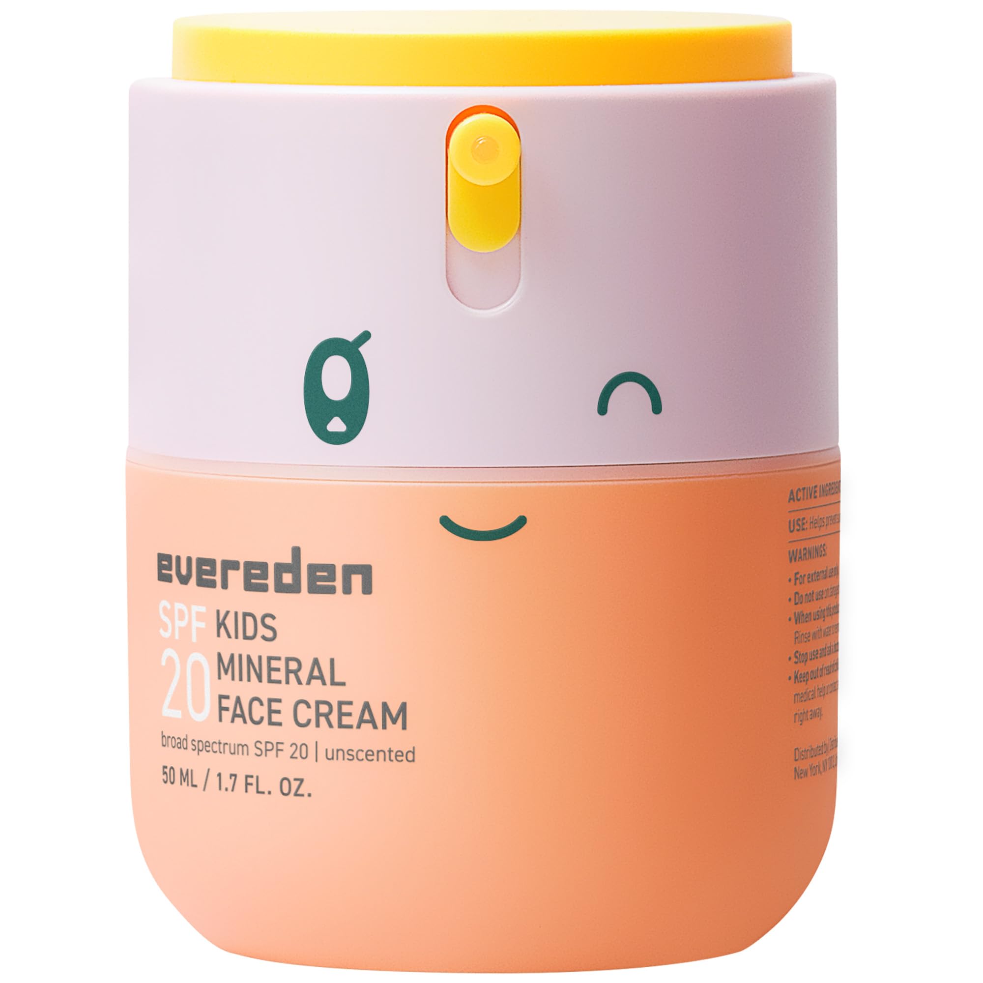 Evereden Kids Face Cream tube-front shows fragrance-free mineral SPF 20 protection for sensitive skin.
