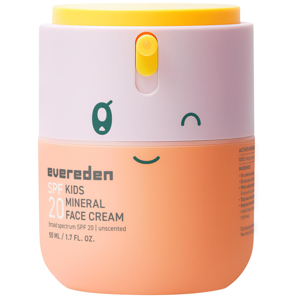 Evereden Kids Face Cream tube-front shows fragrance-free mineral SPF 20 protection for sensitive skin.