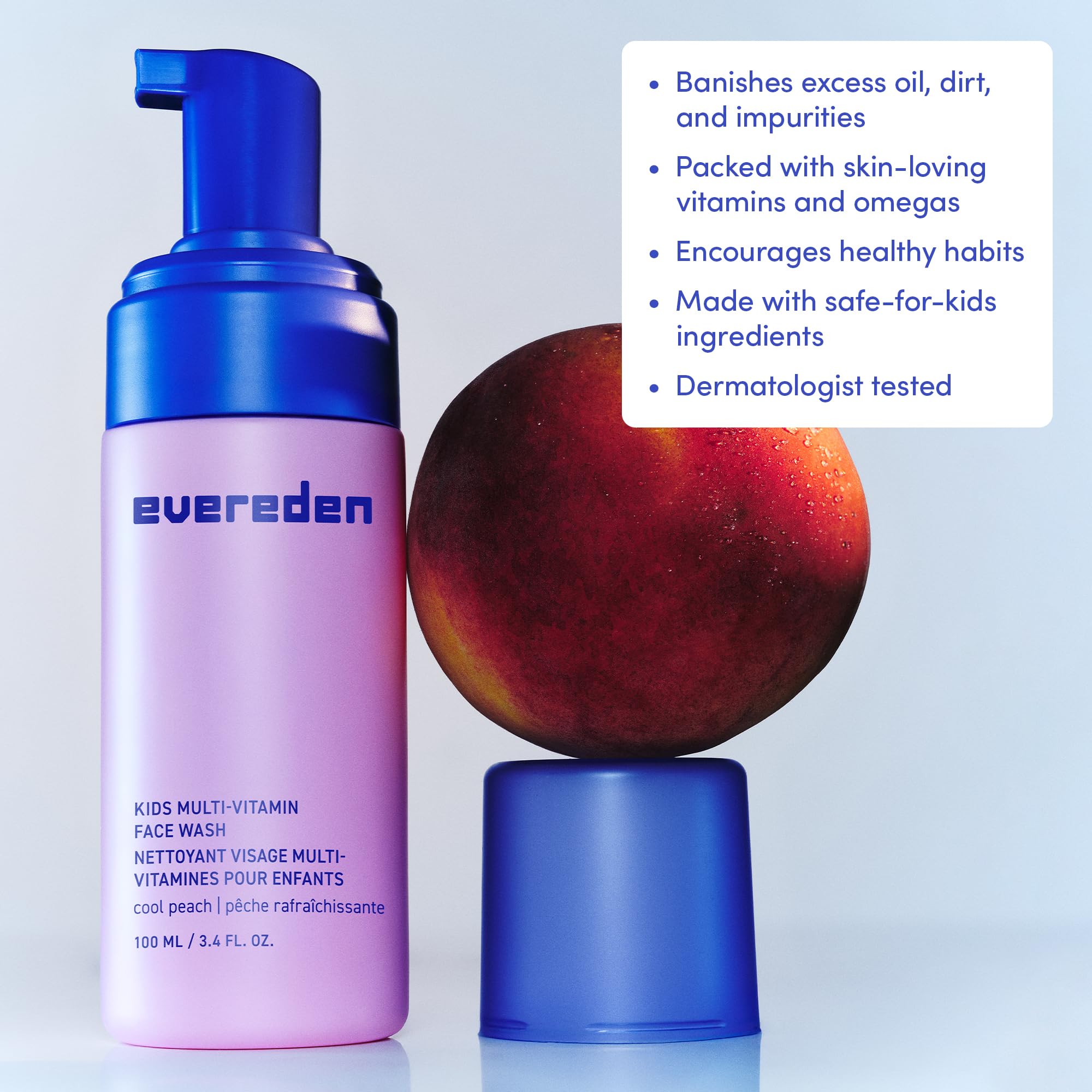 Evereden Kids Face Wash Cool Peach application on a child's face for quick daily cleanse.