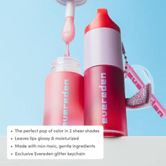 Evereden gloss application closeup shows non-sticky shine and nourishing sheen.