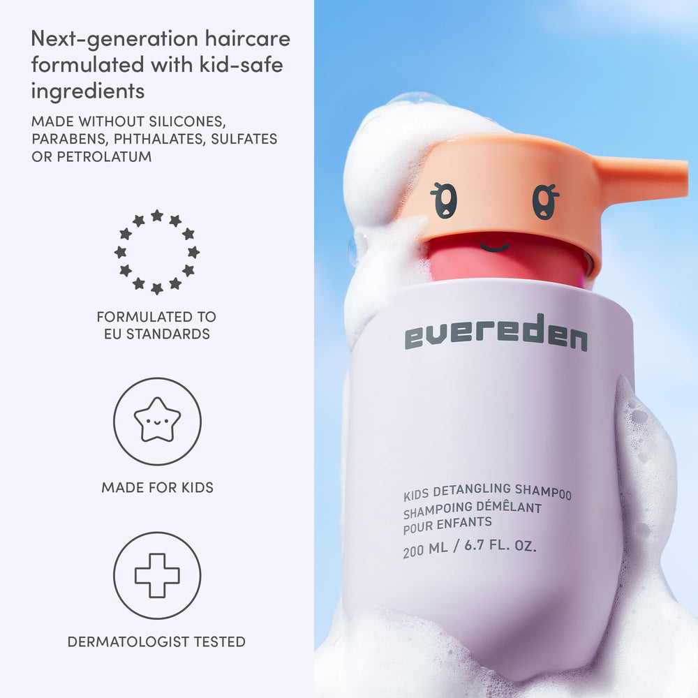 Evereden Kids Shampoo hair closeup reveals clean, silky strands.