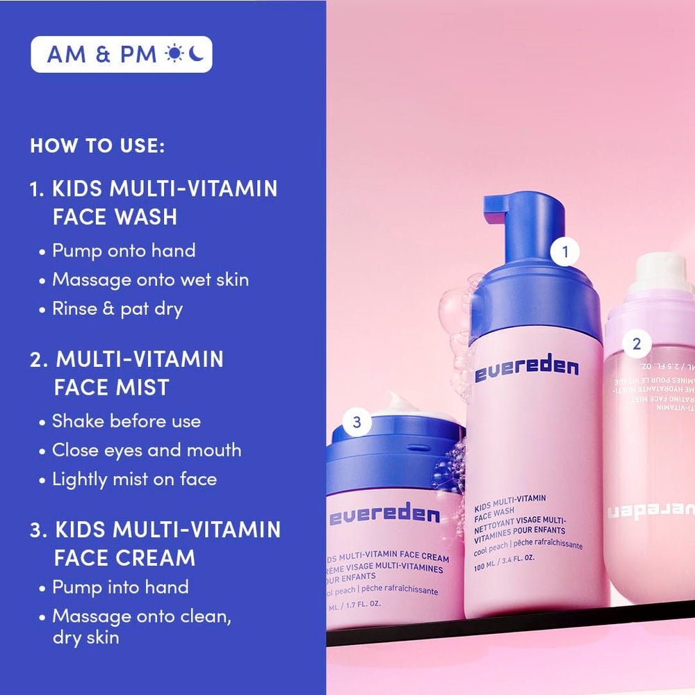 Evereden Clean vegan kids skincare trio ready for daily routine.