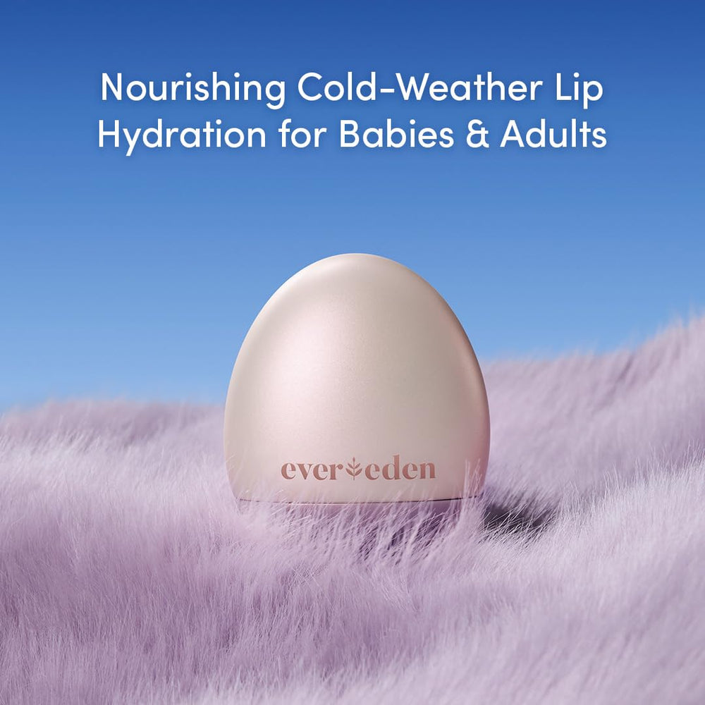 Evereden lip balm jar closeup reveals creamy, rich hydration texture