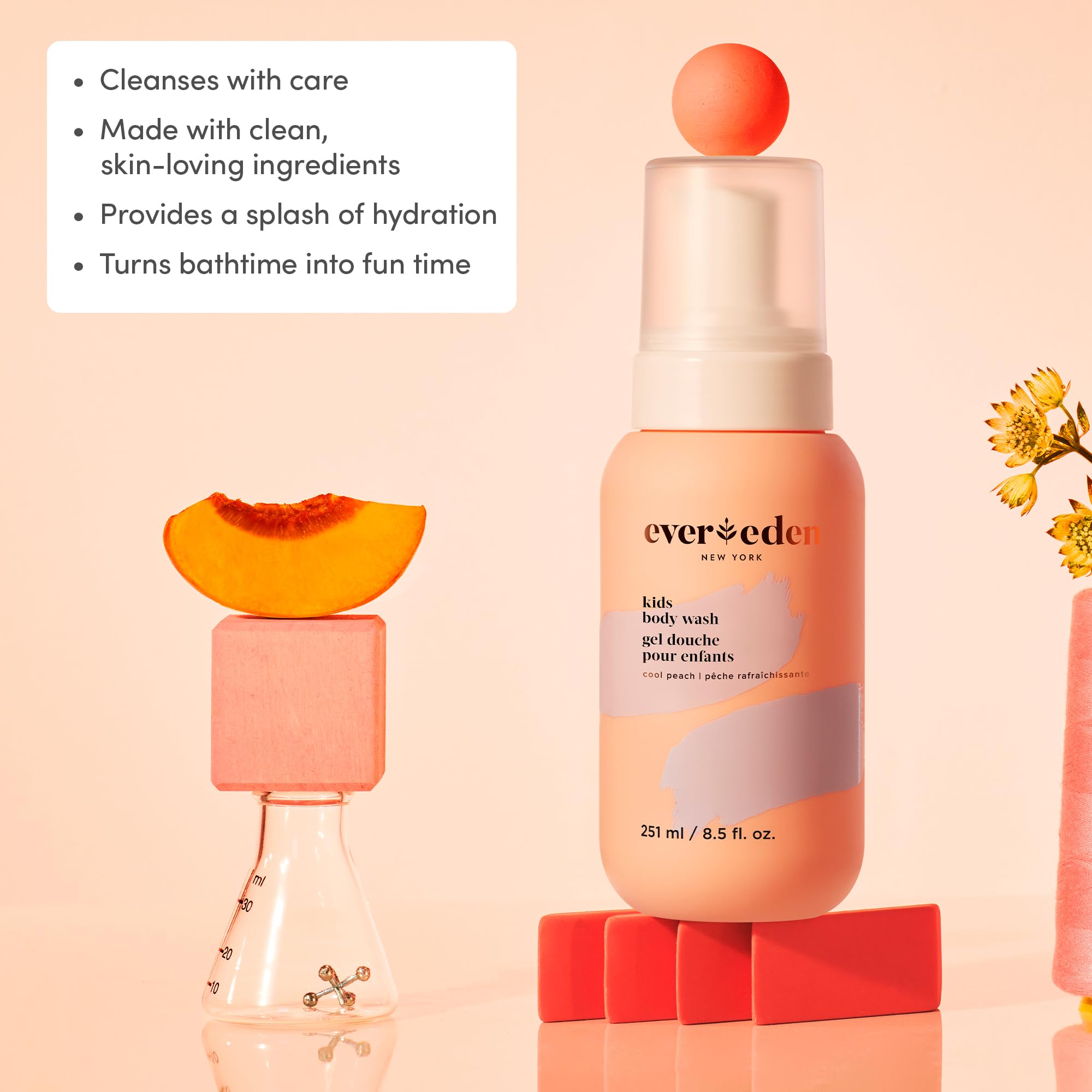 Evereden Multi-Vitamin Kids Body Wash Cool Peach foam promotes gentle cleansing for delicate skin.