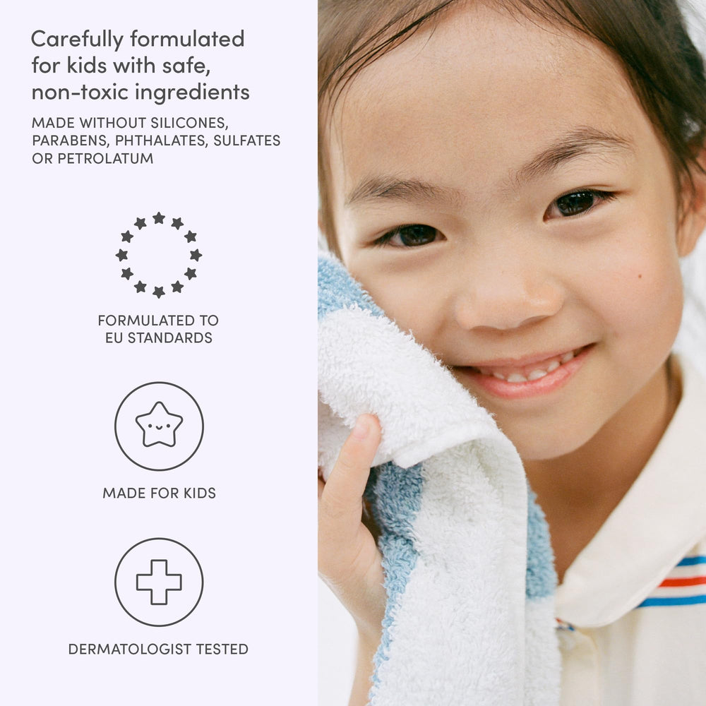 Evereden Multi-Vitamin Kids Body Wash Cool Peach pour demonstrates quick, mild lather during bath time.