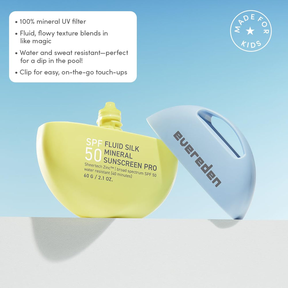 Evereden SPF50 Fluid Silk Mineral Kids Sunscreen swatch illustrating a sheer, fast-absorbing texture.