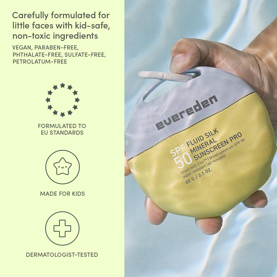 Evereden SPF50 Fluid Silk Mineral Kids Sunscreen at the pool showing sweatproof, water-resistant performance.