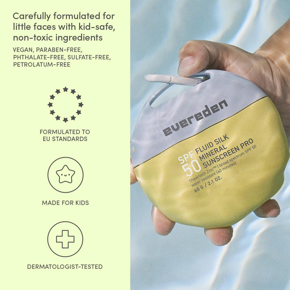Evereden SPF50 Fluid Silk Mineral Kids Sunscreen at the pool showing sweatproof, water-resistant performance.