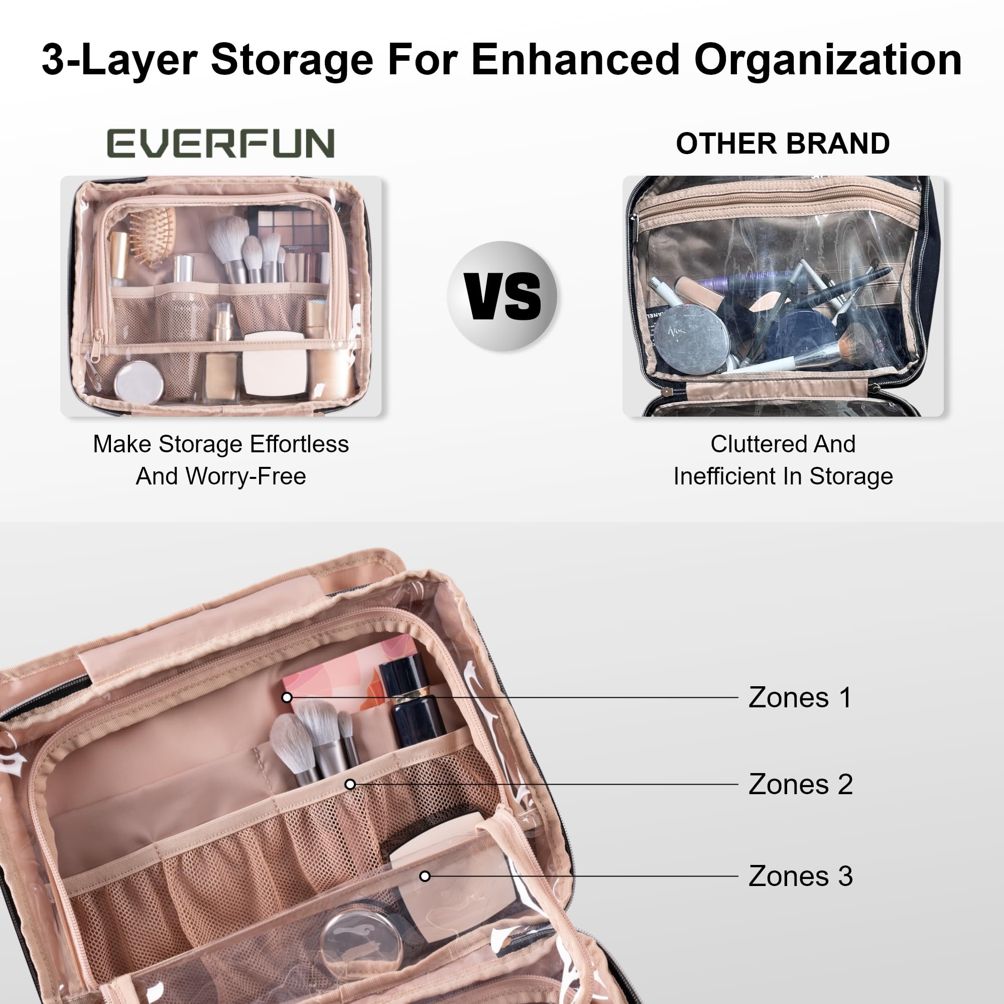 Everfun Hanging Travel Toiletry Bag 360° hook saves counter space and improves reach.