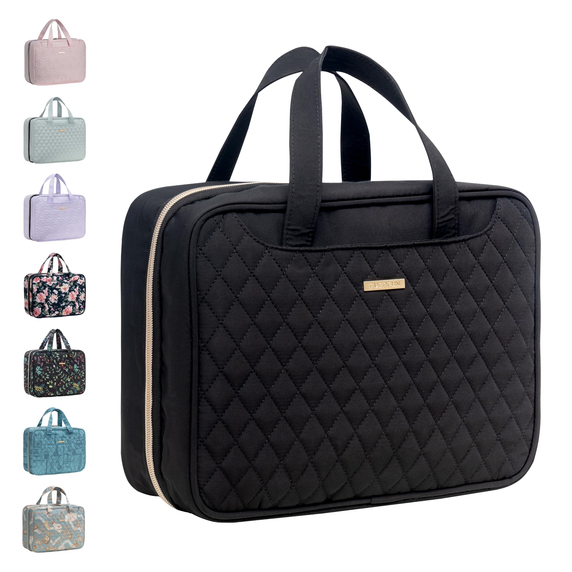 Everfun Hanging Travel Toiletry Bag shows full bag ready for travel organization and easy access.