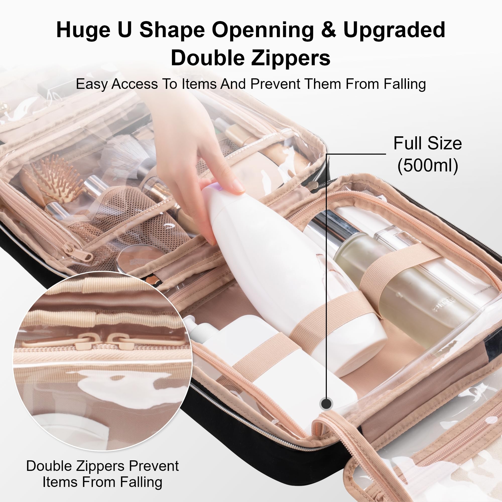 Everfun Hanging Travel Toiletry Bag transparent inner view aids quick item check.
