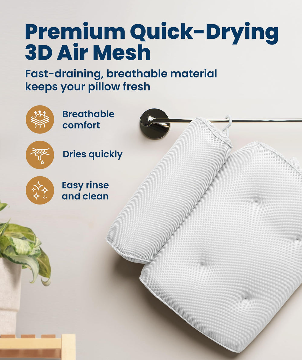 Everlasting Comfort bath pillow built-in hook for fast drying and storage.