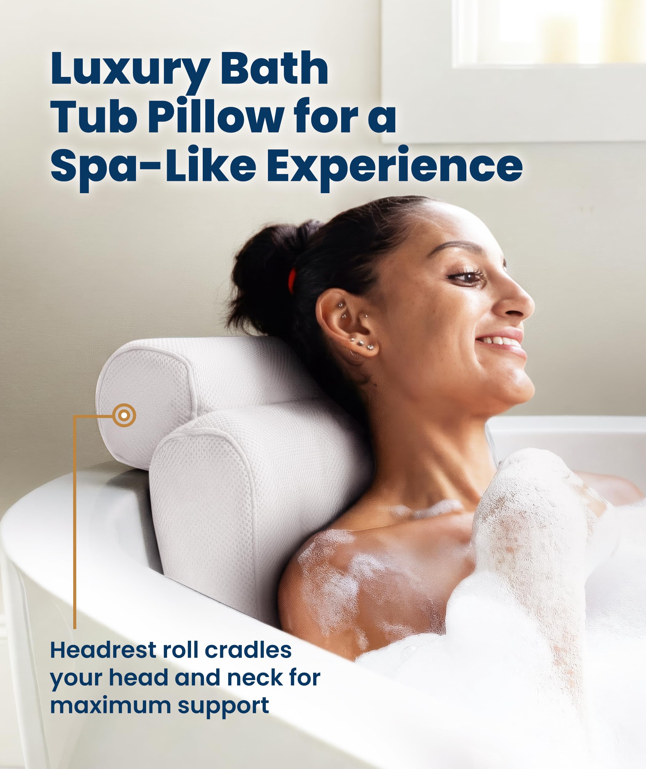 Everlasting Comfort bath pillow with breathable mesh cover for quick drying after use.