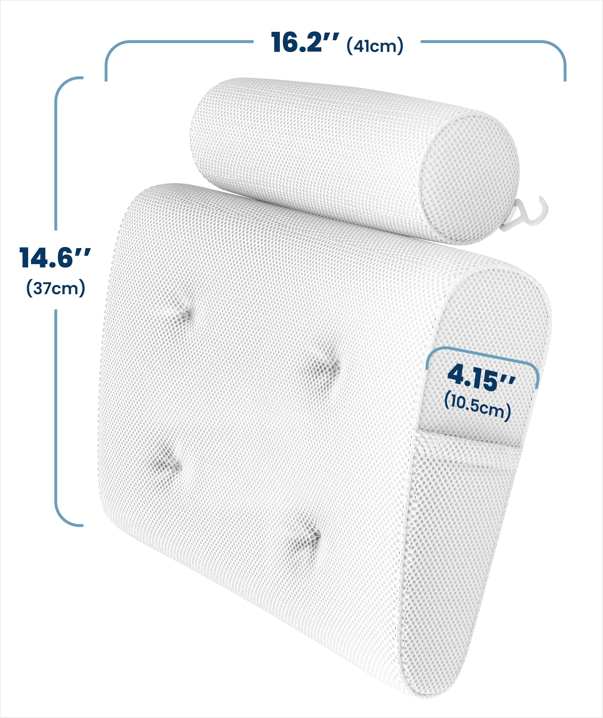 Everlasting Comfort bath pillow with suction cups stays securely in place during baths.