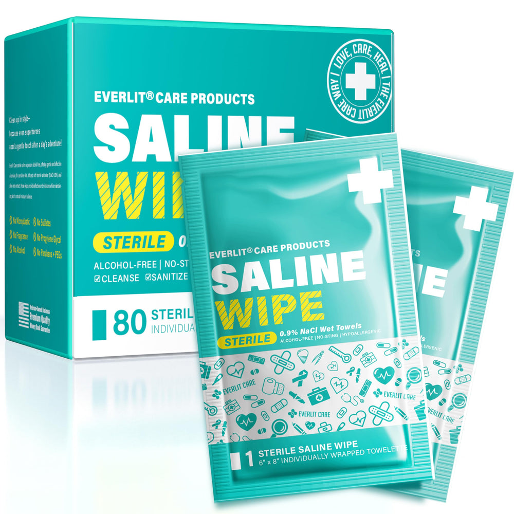 Everlit Care Saline Wipes no-sting formula packaging; gentle cleansing for sensitive skin on the go.