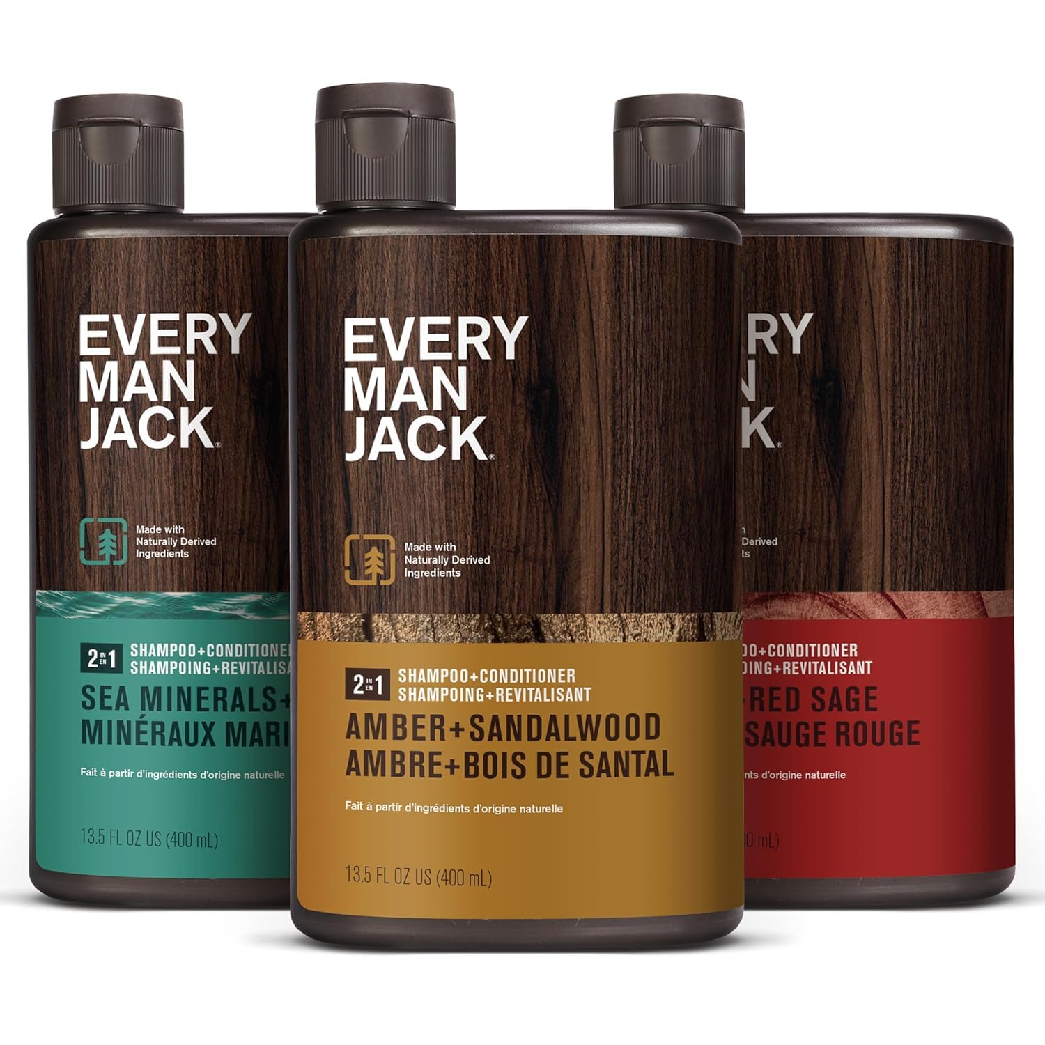Every Man Jack Amber Sandalwood 2in1 bottle delivers bold scent for daily grooming.