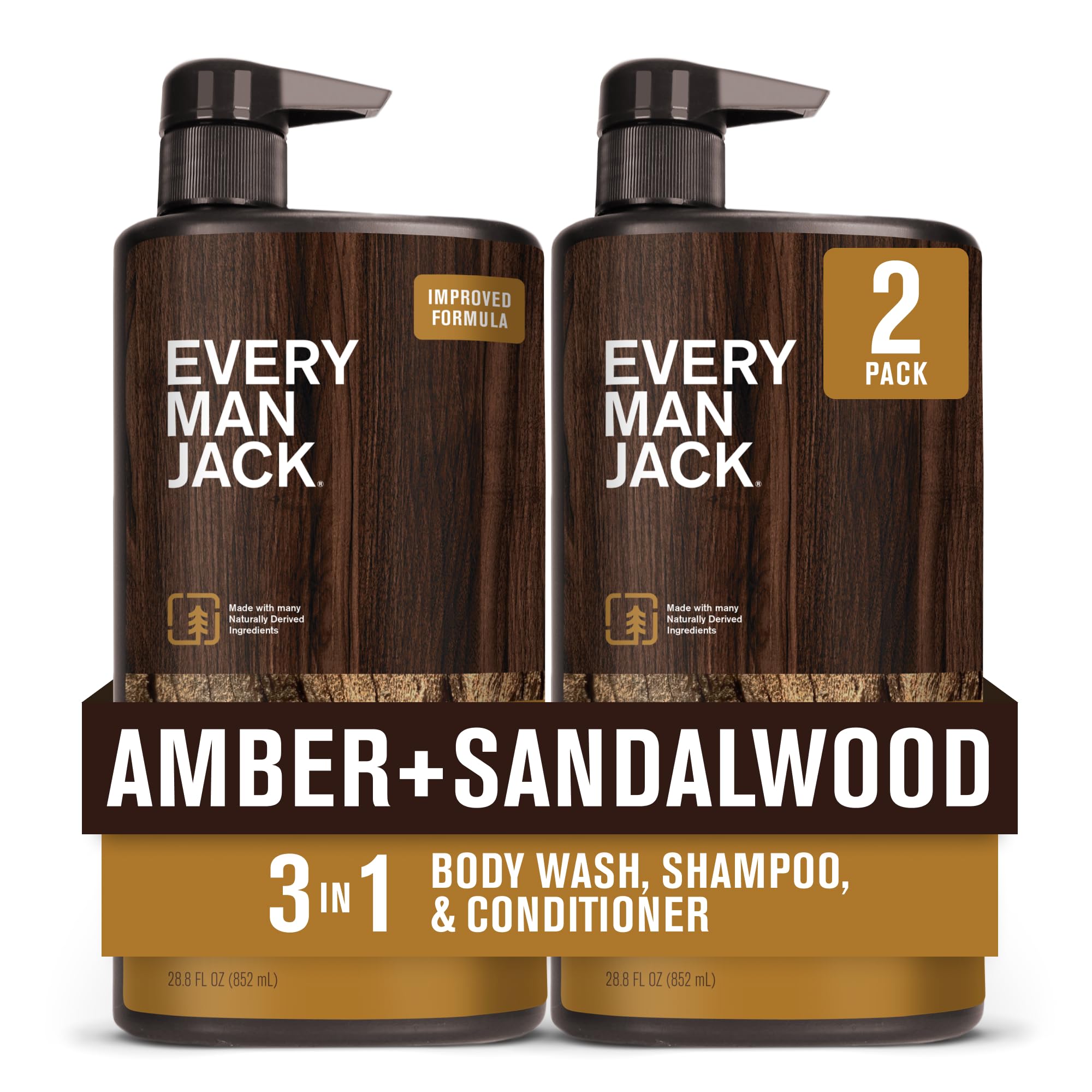 Every Man Jack Amber + Sandalwood bottle with pump for quick, hydrating shower routine.