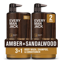 Every Man Jack Amber + Sandalwood bottle with pump for quick, hydrating shower routine.