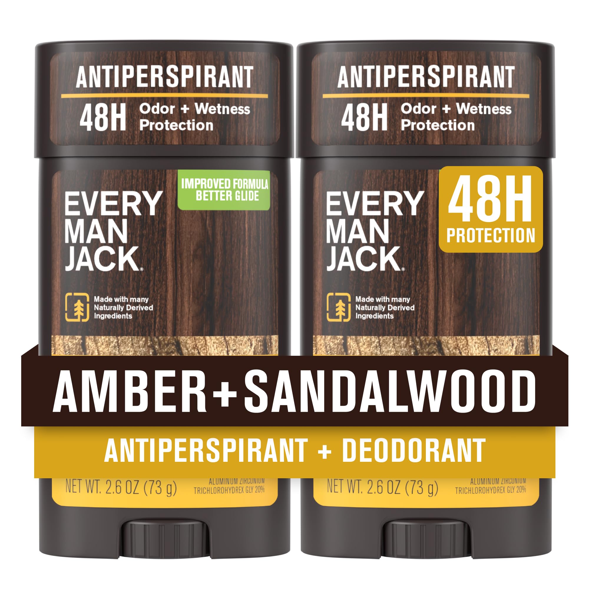 Every Man Jack Amber + Sandalwood 2-pack front view for 48-hour odor defense for active days.