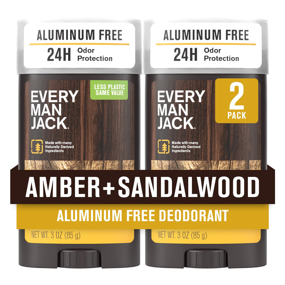 Every Man Jack Amber + Sandalwood deodorant 2-pack shown for all-day freshness possibilities.