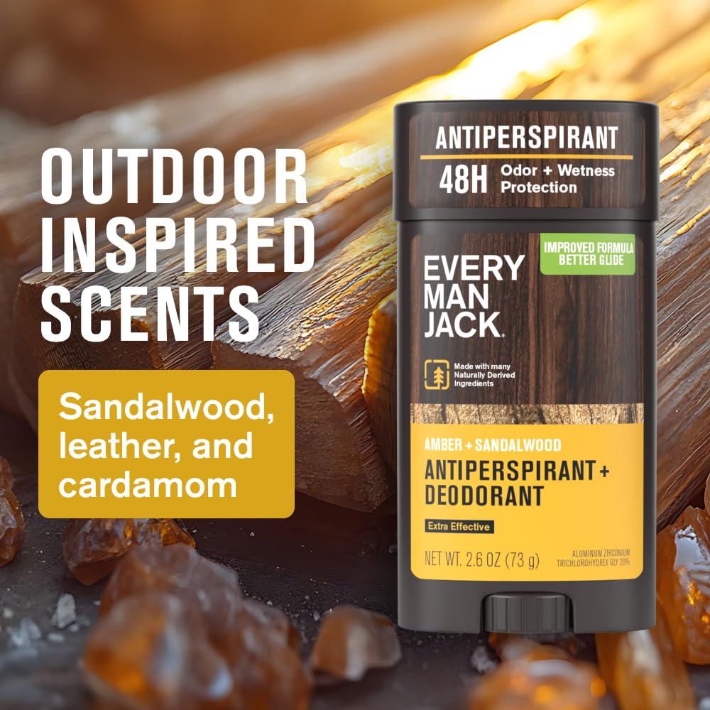 Every Man Jack Amber + Sandalwood deodorant stick close-up shows smooth glide.
