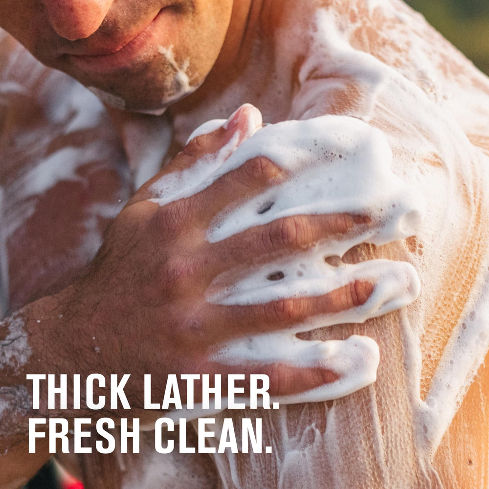 Every Man Jack Amber+Sandalwood label close-up highlights natural ingredients.