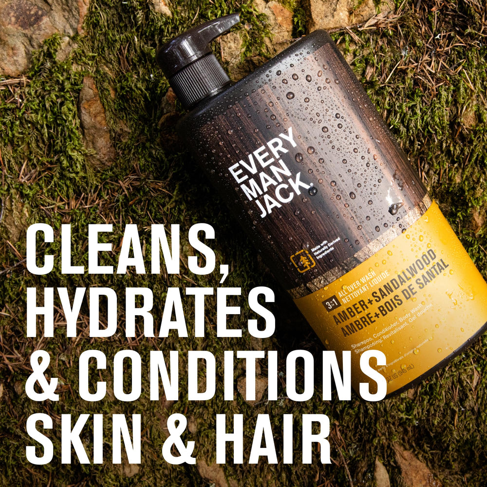 Every Man Jack Amber + Sandalwood lather close-up shows refreshing cleanse and head-to-toe care.