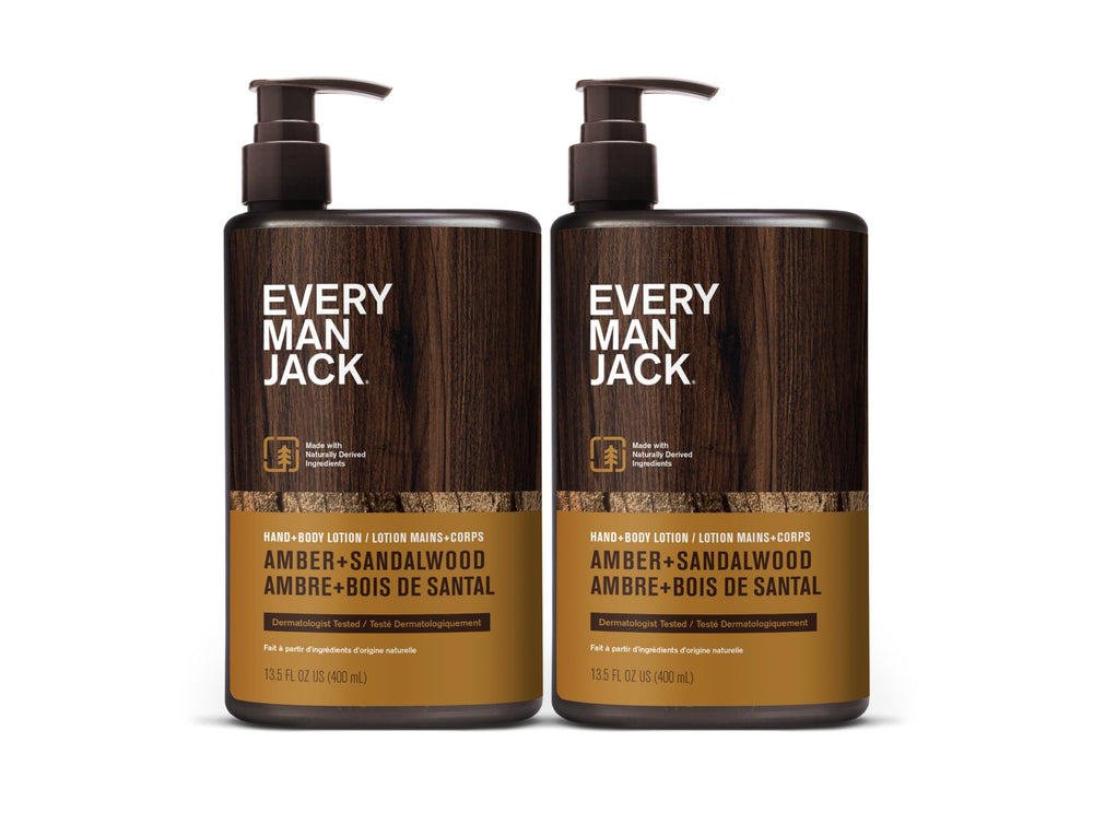 Every Man Jack amber sandalwood lotion on bathroom counter ready.