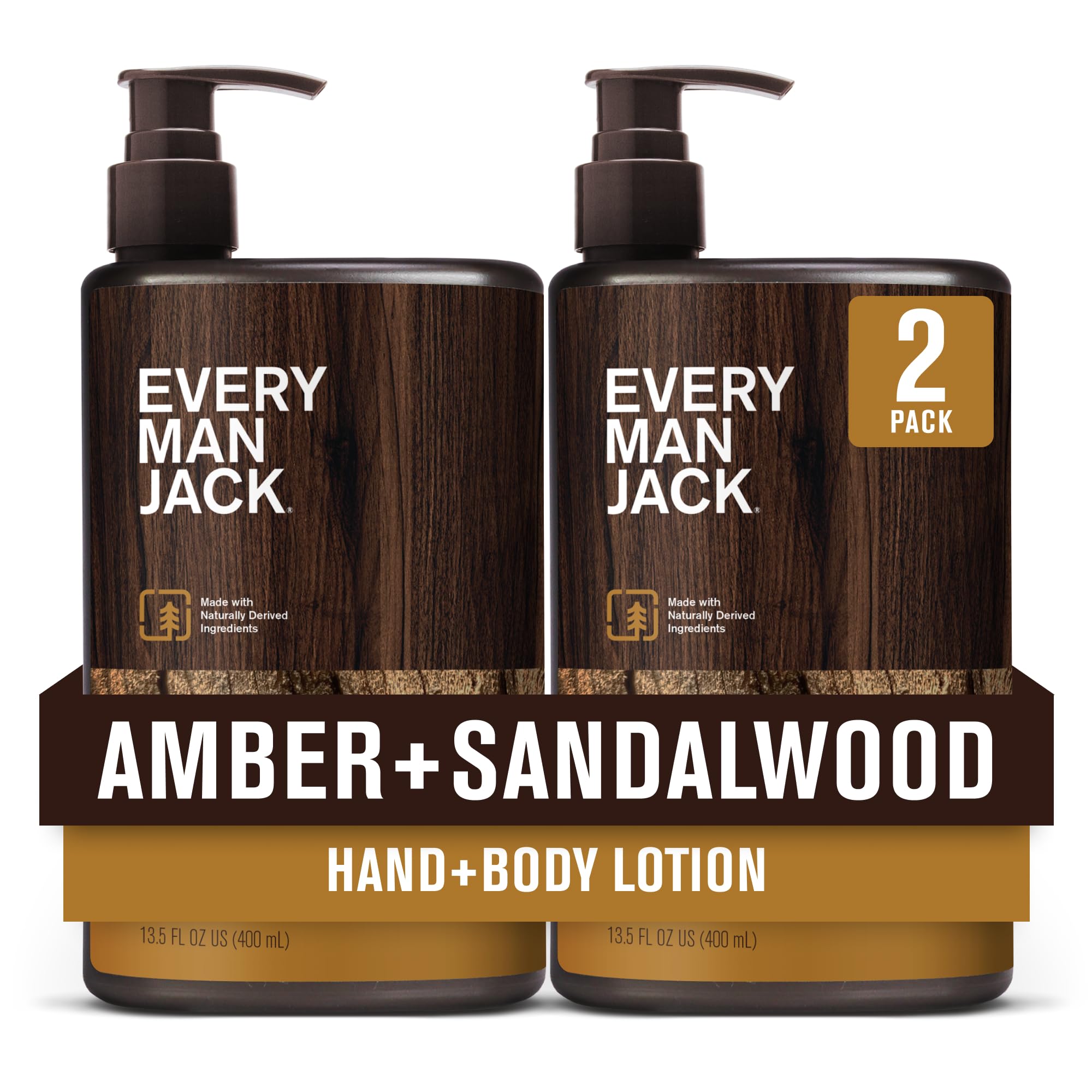Every Man Jack amber sandalwood lotion bottle front for rugged daily hydration.