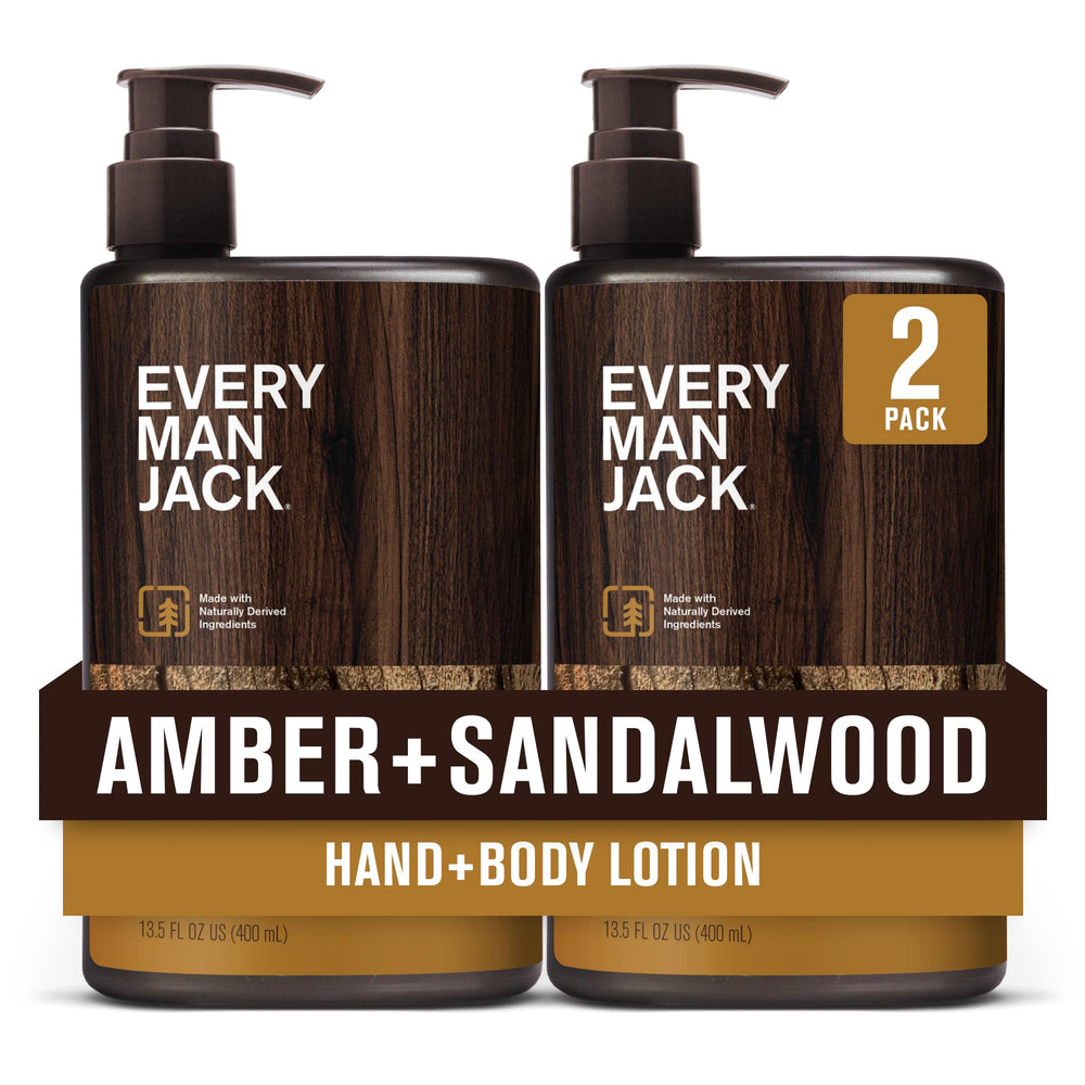 Every Man Jack amber sandalwood lotion bottle front for rugged daily hydration.