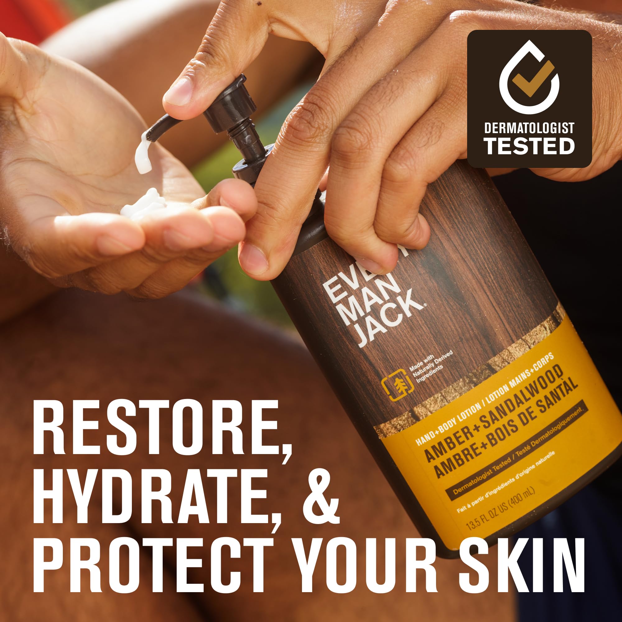 Every Man Jack amber sandalwood lotion label closeup highlights natural ingredients.