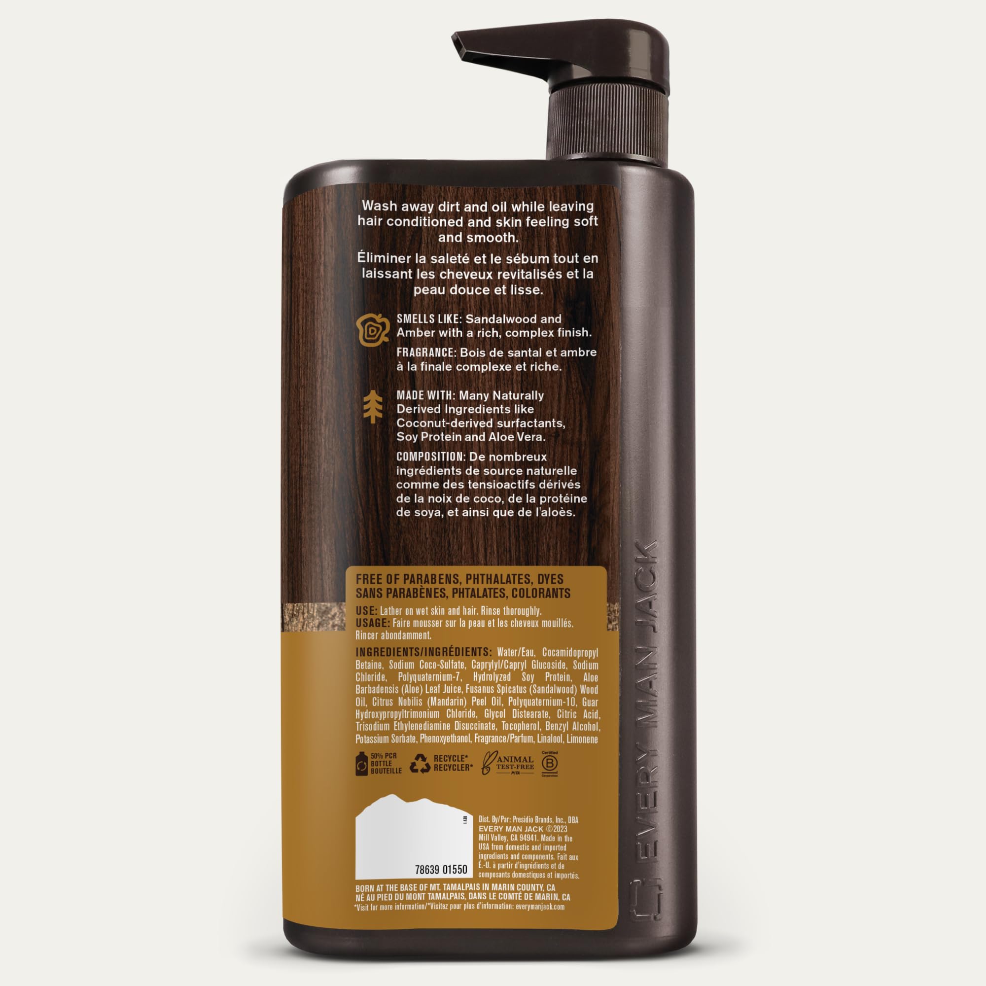 Every Man Jack Amber + Sandalwood Mt. Tam origin badge underscores heritage and trust.