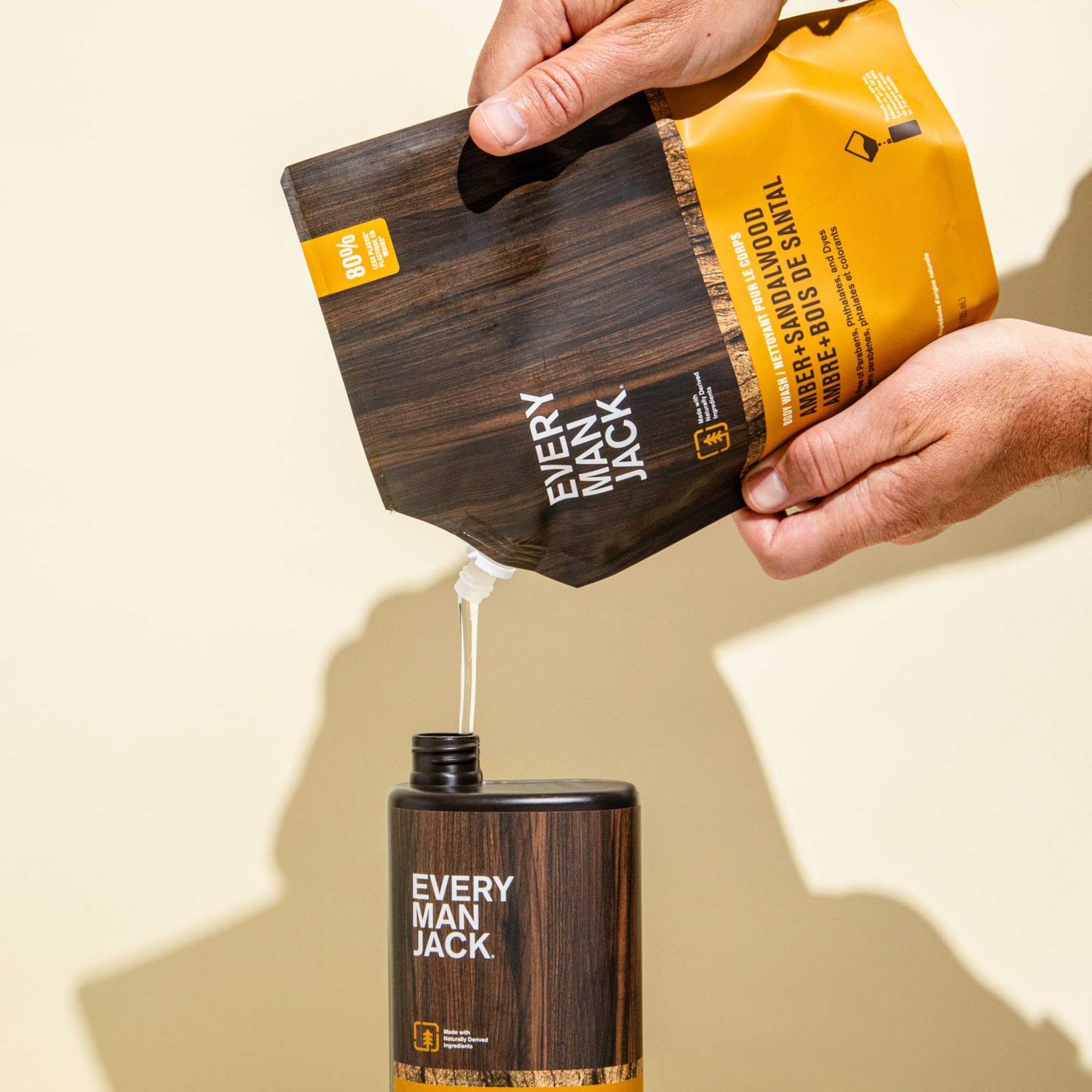Every Man Jack Amber + Sandalwood packaging closeup highlights natural ingredients and bold scent.