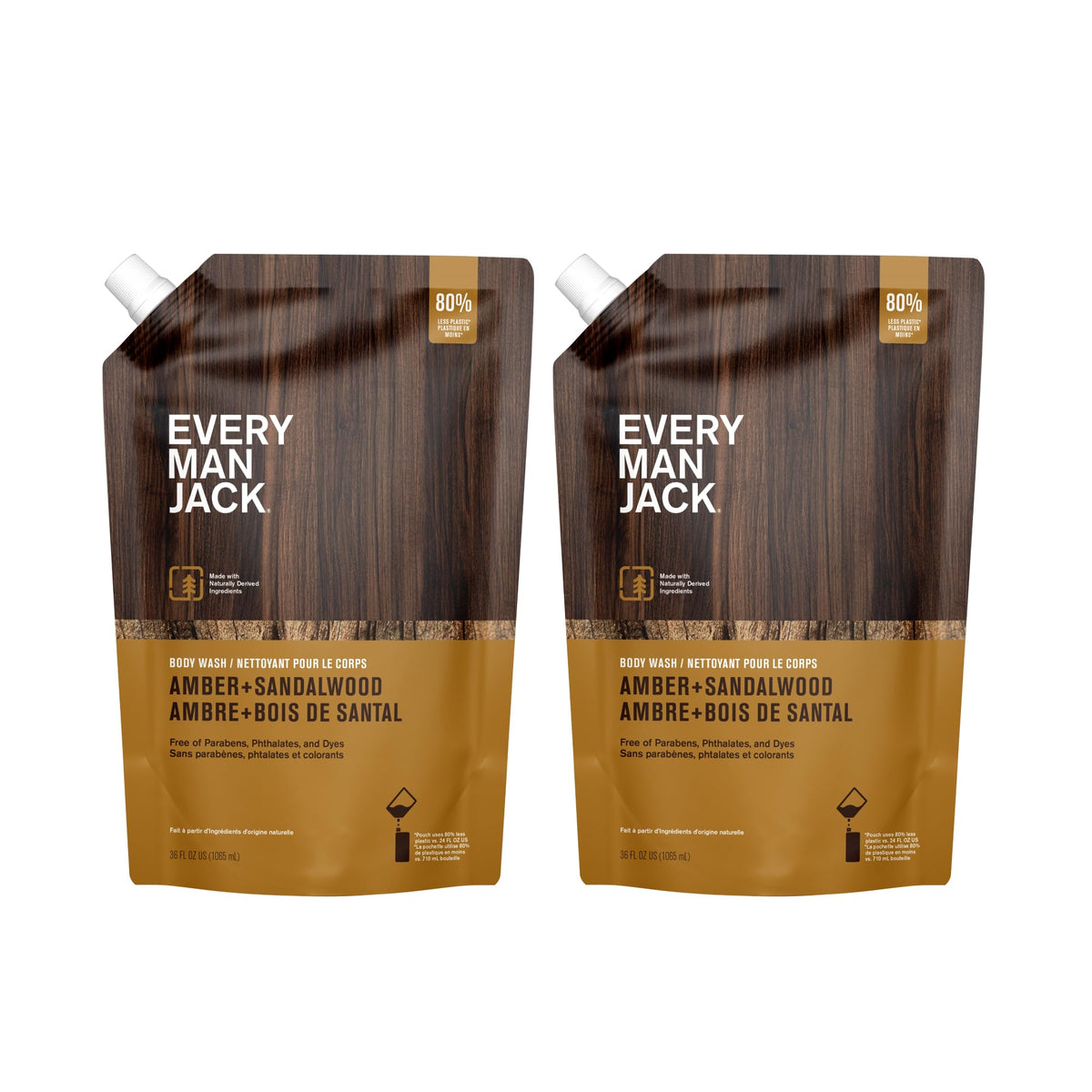 Every Man Jack Amber + Sandalwood refill pouch front for easy, eco-friendly refills.