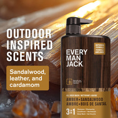 Every Man Jack Amber + Sandalwood shampoo application demonstrates simple 3-in-1 convenience.