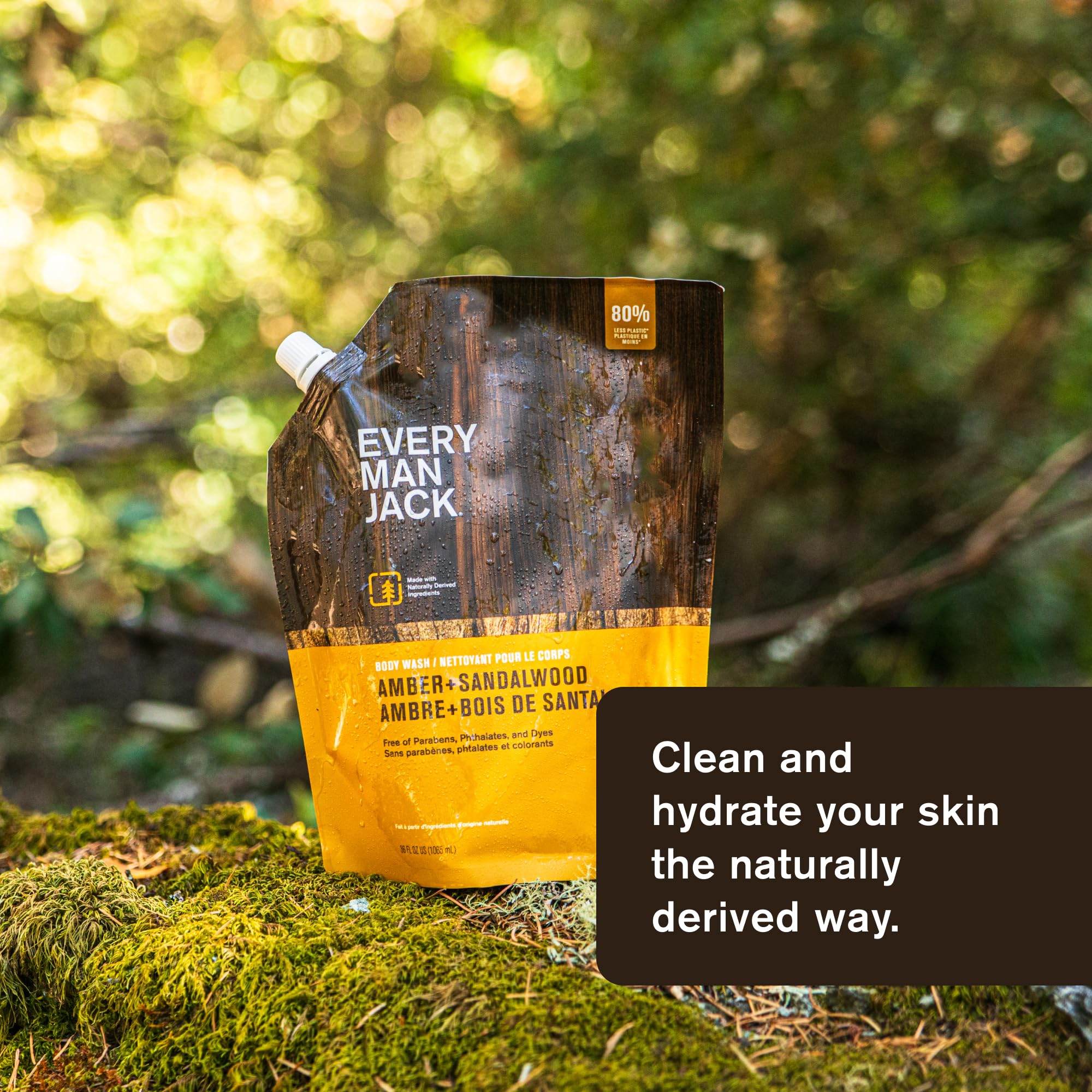 Every Man Jack Amber + Sandalwood shelf display presents masculine grooming essentials.