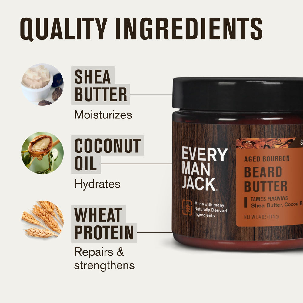 Every Man Jack aged bourbon beard butter bottle in use for conditioning.