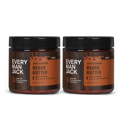 Every Man Jack beard butter aged bourbon jar close-up for deep beard hydration.