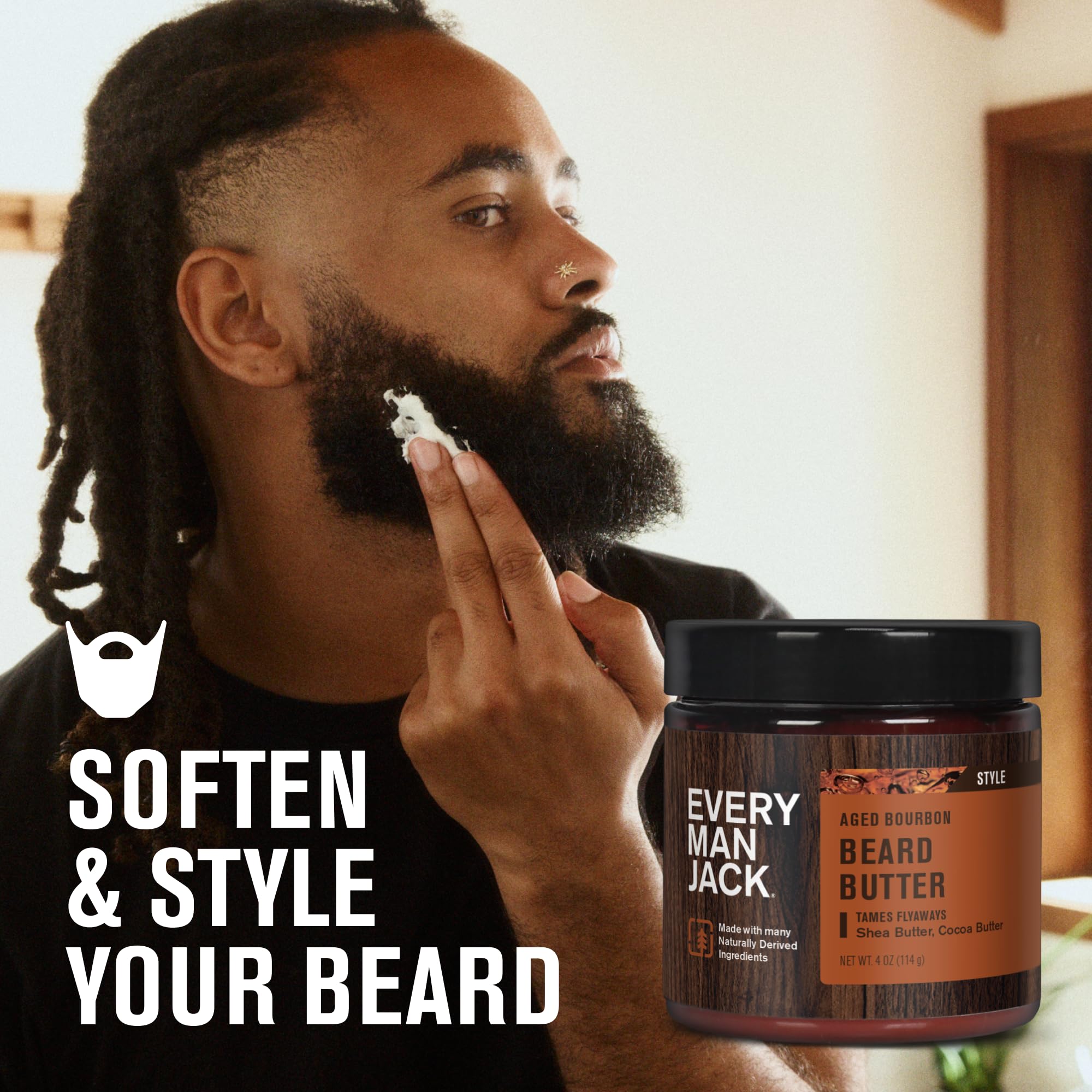 Every Man Jack beard butter aged bourbon on wood background ready for daily use.